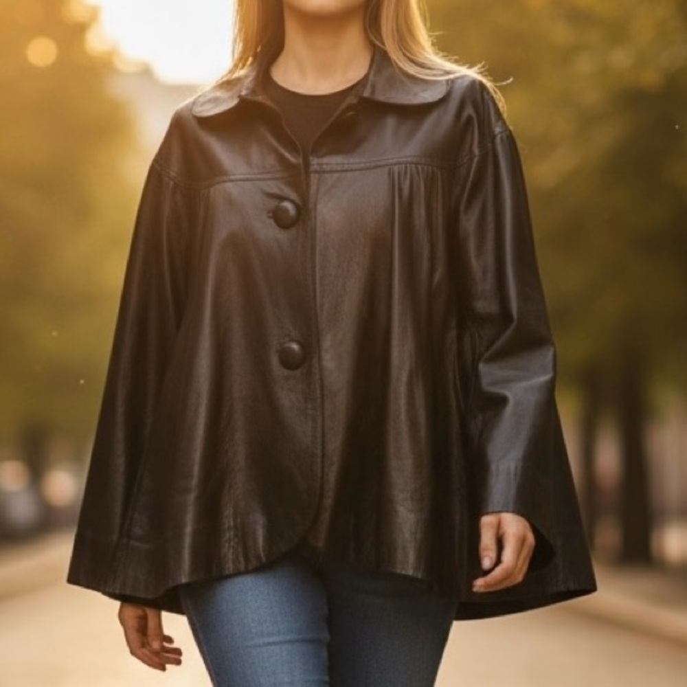CHESTER Black soft Lambskin/Kid Leather Jacket, wide sleeves, cape illusion